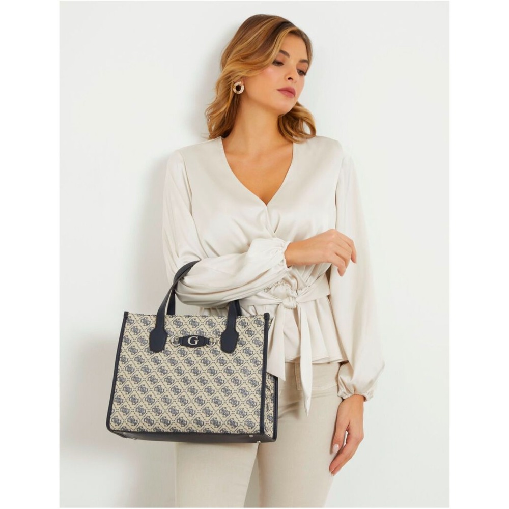 GUESS Blue Logo Jacquard Tote Bag Navy Trim Gold Hardware Handbag - Picture 1 of 8